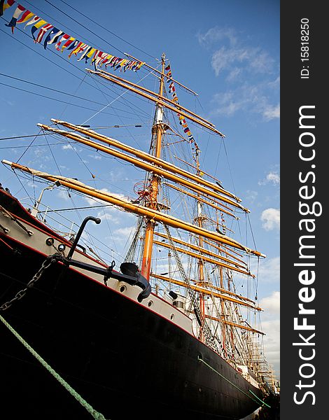 Historic ship with masts and sails. Historic ship with masts and sails