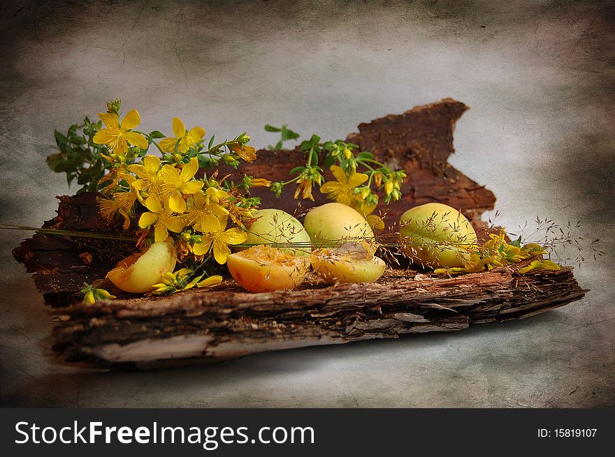 Apricots And Bark Of Pine-tree