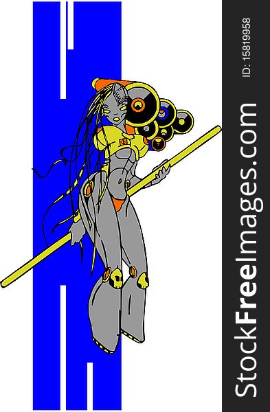 Cyber female with long stuff and with bass in her arm. Cyber female with long stuff and with bass in her arm