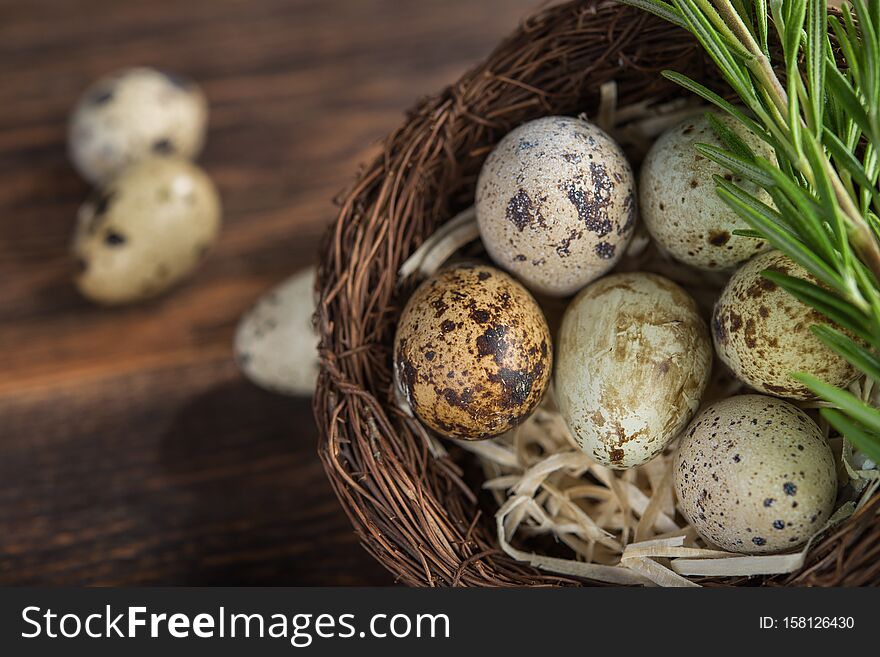 Closeup of quail eggs in nest on a wooden background