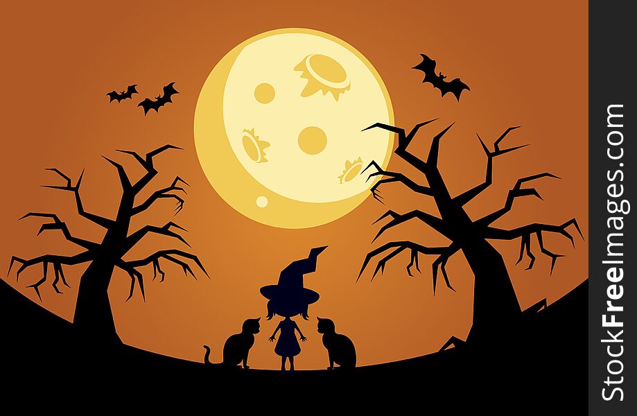 Little witch with cats vector. Halloween moon background. Tree Silhouette on a dark halloween background. Evil tree vector. Little witch with cats vector. Halloween moon background. Tree Silhouette on a dark halloween background. Evil tree vector