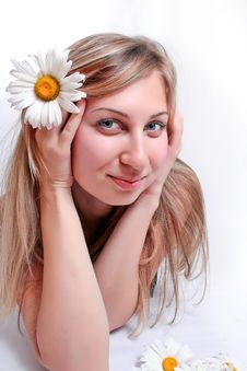Beautiful Woman With Chamomile Stock Images