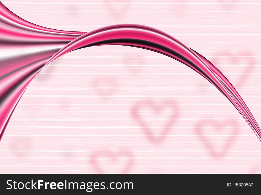Abstract background showing a red and pink flow in front of soft-focus hearts. Abstract background showing a red and pink flow in front of soft-focus hearts