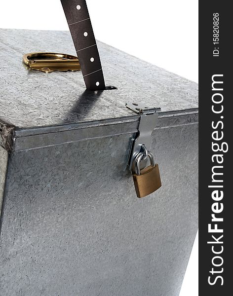 Metal ballot box with padlock ticket voting