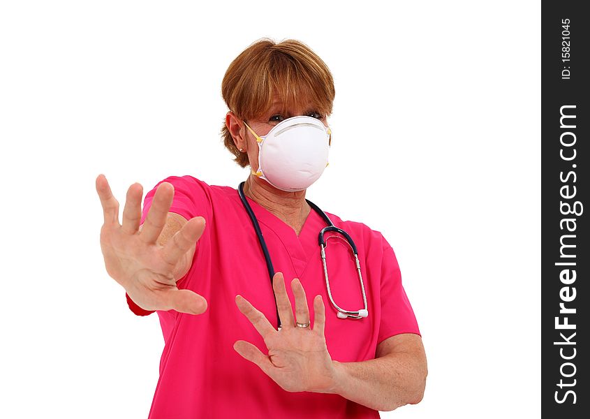 Nurse With Mask Holding Hands Up Staying Away. Nurse With Mask Holding Hands Up Staying Away