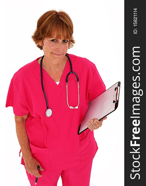 Nurse Looking Up Holding Clipboard