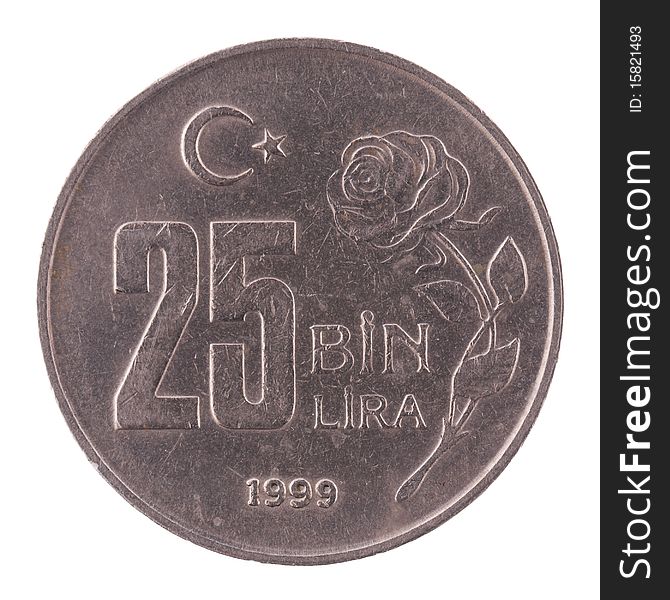 25 bin lira coin of Turkey. Coin isolated on white - detailed closeup macro