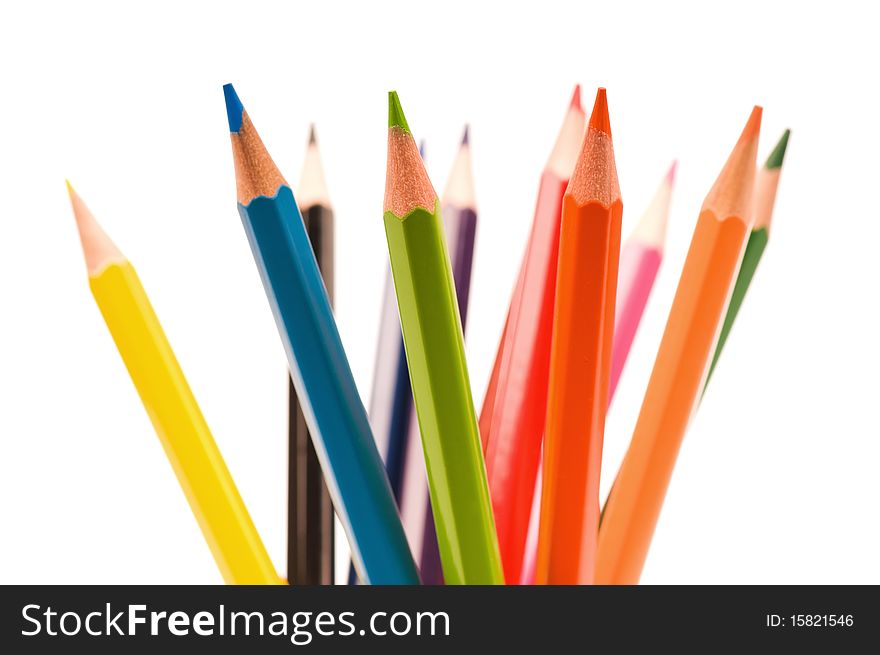 Close-up image of multicolor pencils isolated on white background