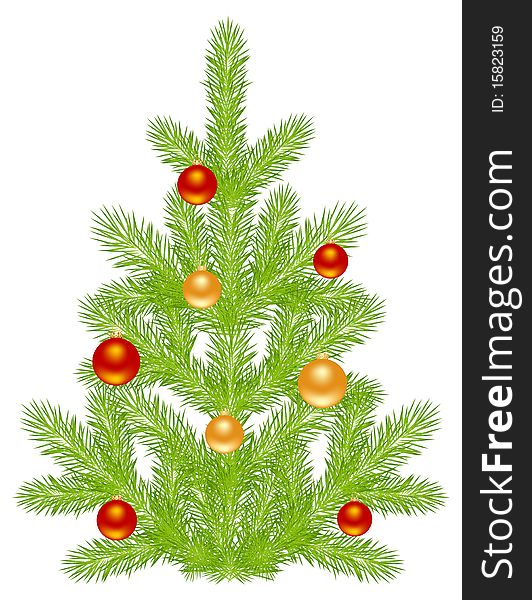 Christmas tree with simple decoration. Isolated on a white. Vector illustration.