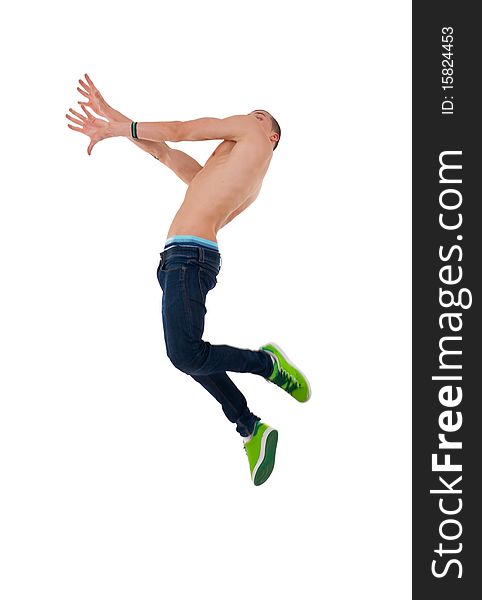 Jumping up krump style dancer over white background