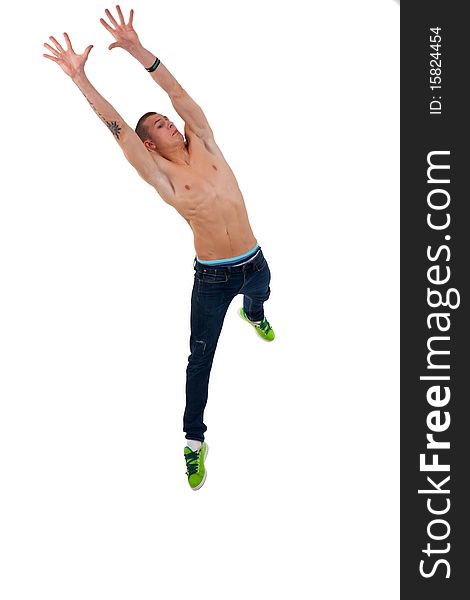 Young man style jumping posing over white background