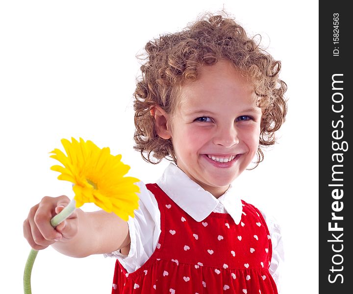 Picture of a little girl with flower isolated on white