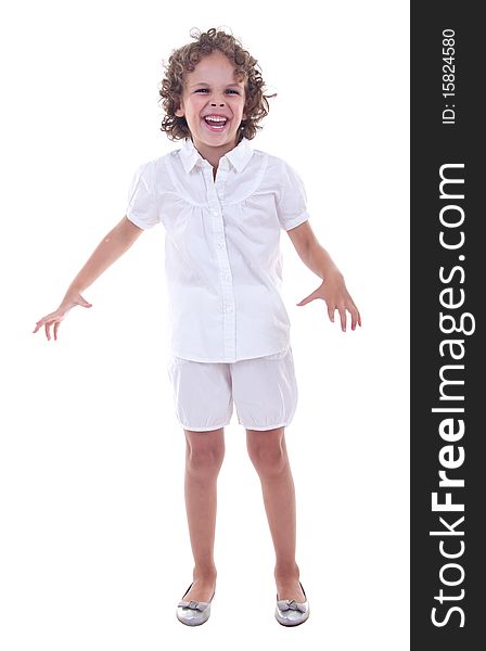 Casual little girl laughing on white background