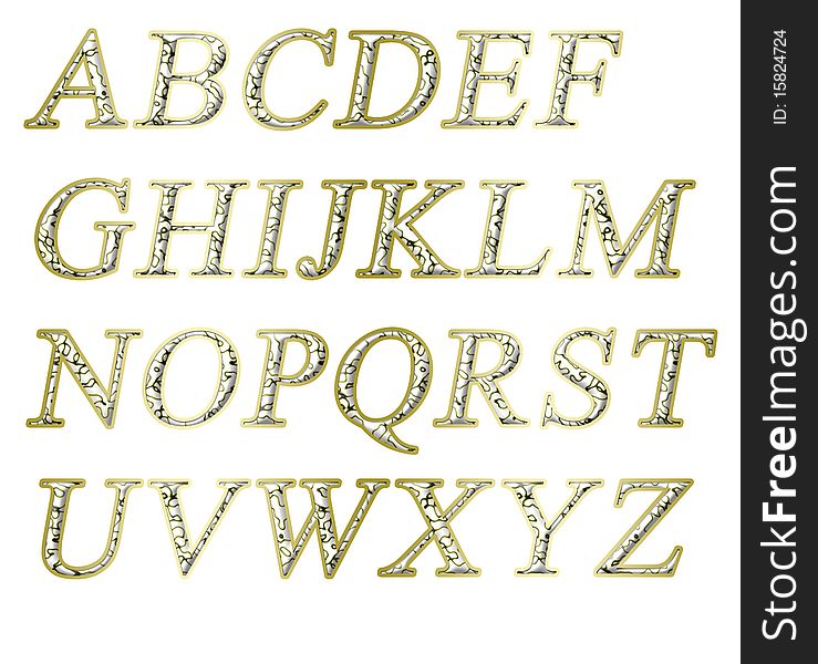 Alphabet on a white background with a gold texture