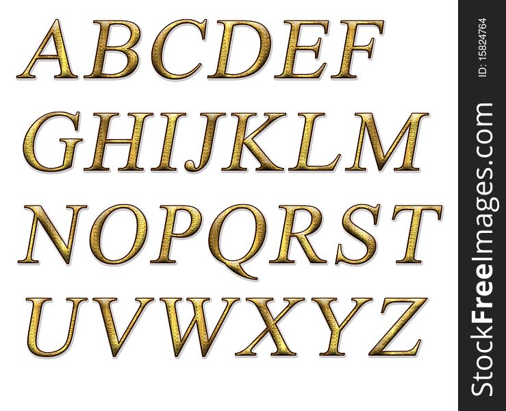 Alphabet on a white background with a gold texture