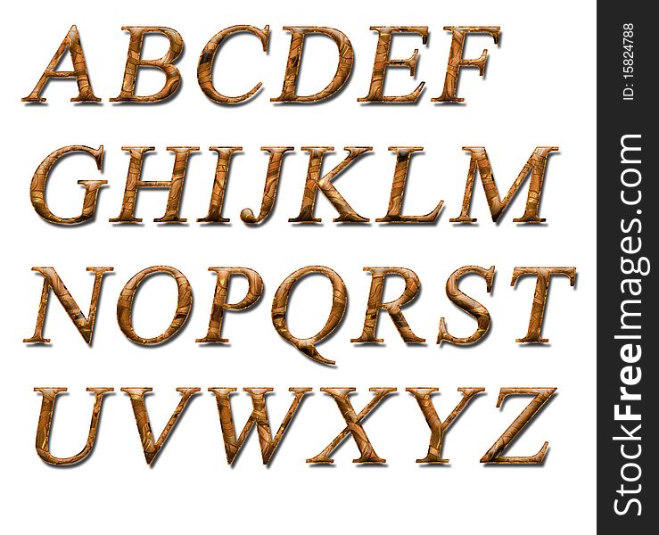 Alphabet on a white background with a gold texture. Alphabet on a white background with a gold texture