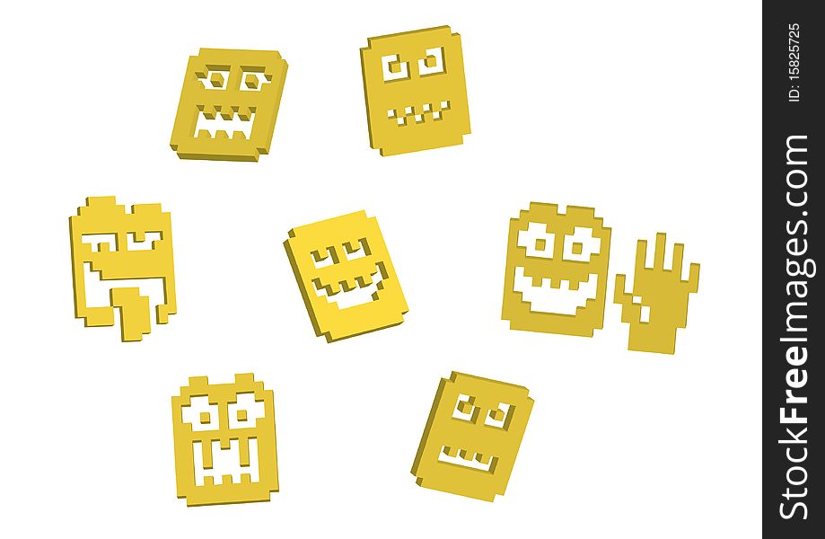 3D pixel yellow smilies - illustration. 3D pixel yellow smilies - illustration