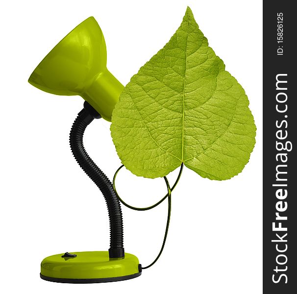Green desk-lamp with leaf isolated on white background