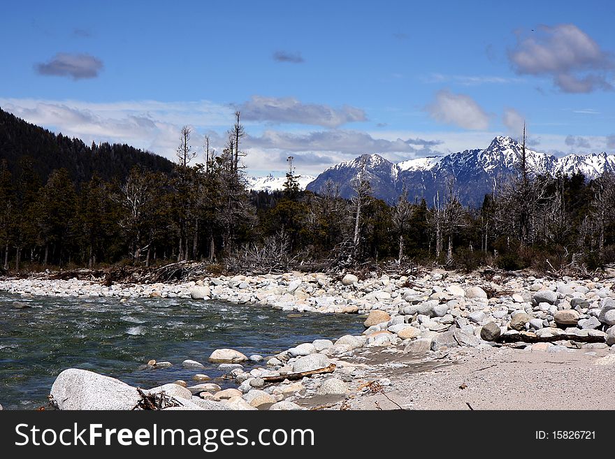 View of mountains and a river in Argentinian Patagonia. View of mountains and a river in Argentinian Patagonia