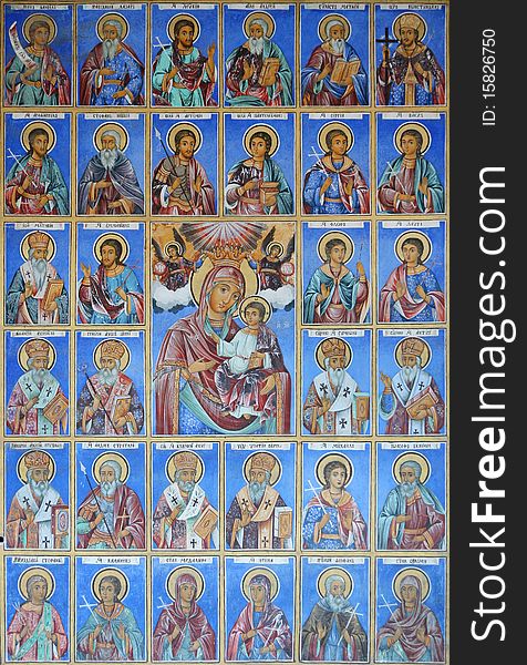 Hand drawn wall icons in bulgarian monastery