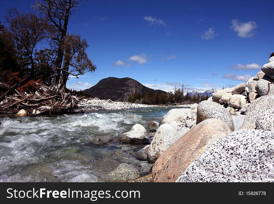 View of mountains and a river in Argentinian Patagonia. View of mountains and a river in Argentinian Patagonia