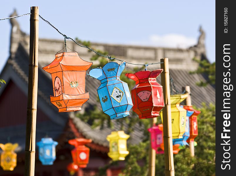 View of lanterns in a chinese garden
