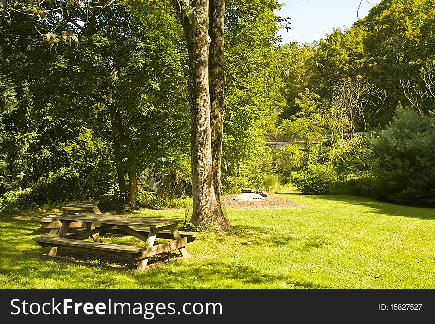 Two picnic tables in park-like setting.