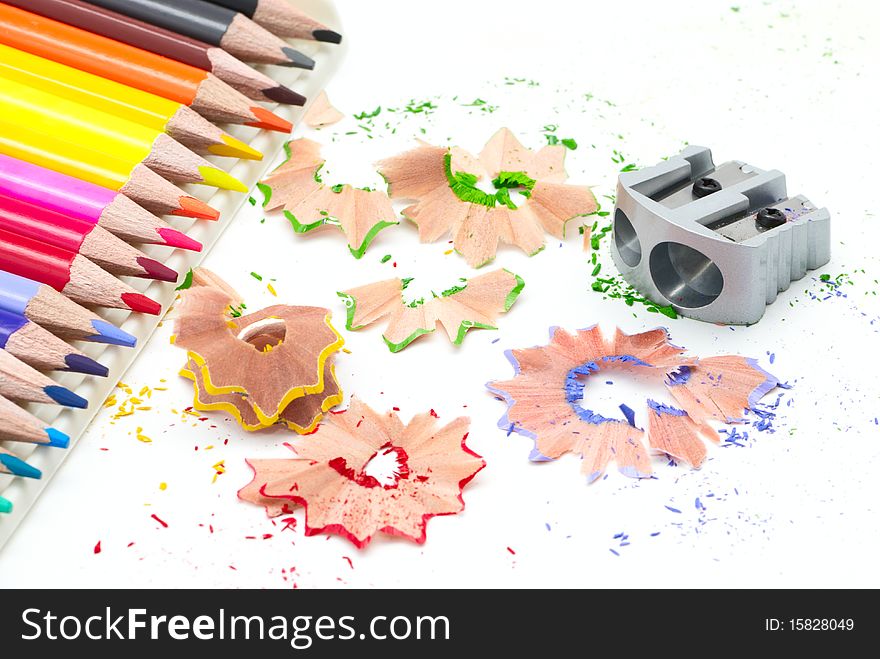 Sharpener with colored pencils and shavings