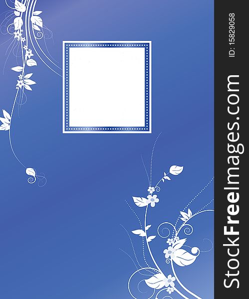 A rectangular blue card with white sample text and floral patterns. A rectangular blue card with white sample text and floral patterns