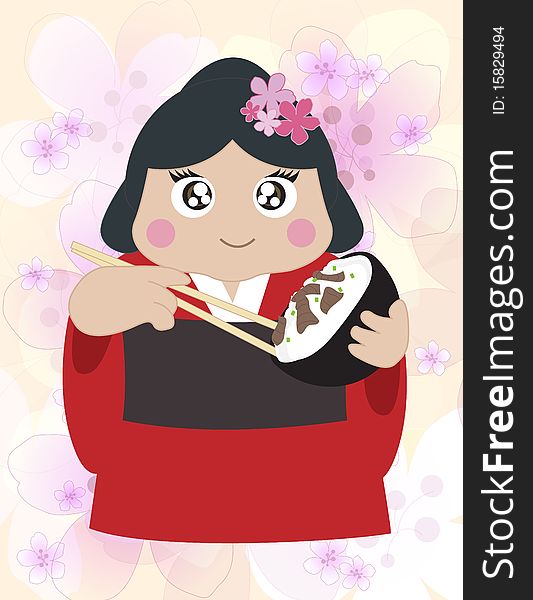 A Japanese girl wearing a kimono eating a rice bowl. A Japanese girl wearing a kimono eating a rice bowl