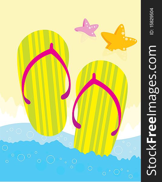 A pair of colorful flipflops on the beach. A pair of colorful flipflops on the beach