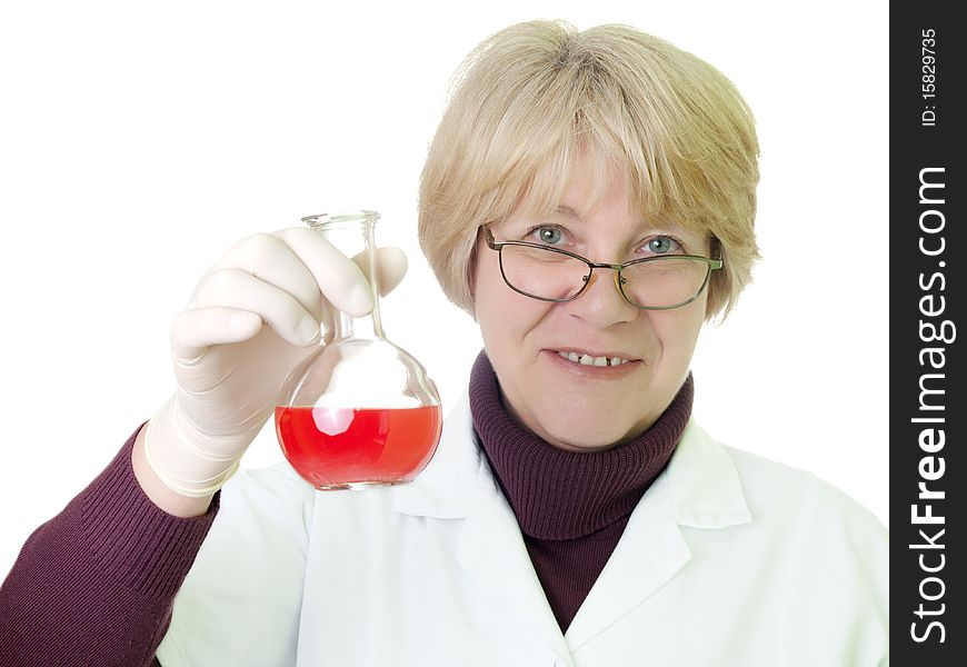 A senior woman, researcher on a white background