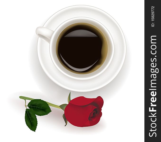 Top view of black coffee cup with red rose. Photo-realistic .