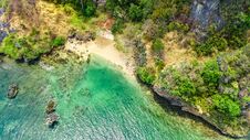 Aerial Drone View Of Tropical Ko Phi Phi Island, Beaches And Boats In Blue Clear Andaman Sea Water From Above Royalty Free Stock Photography