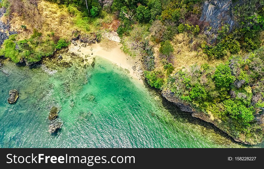 Aerial Drone View Of Tropical Ko Phi Phi Island, Beaches And Boats In Blue Clear Andaman Sea Water From Above