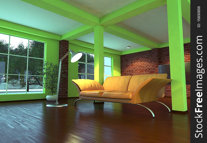 Modern empty interior with green walls and orange sofa. Modern empty interior with green walls and orange sofa