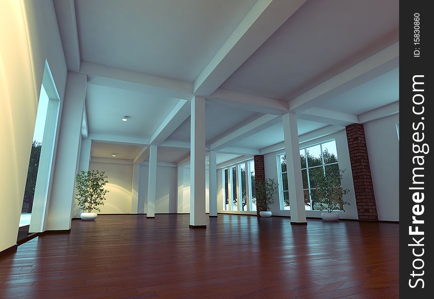Modern empty interior with white walls and columns