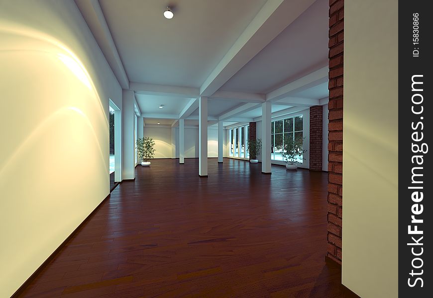 Modern empty interior with white walls and columns