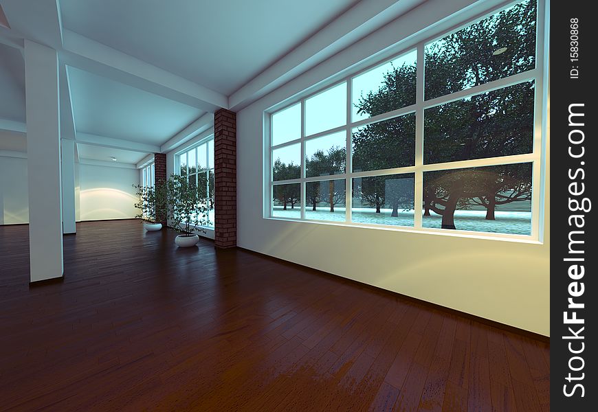 Modern empty interior with white walls and columns