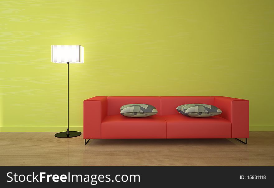 Colored interior composition with red furniture. Colored interior composition with red furniture