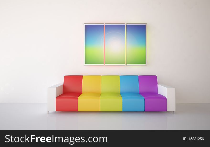 Colored modern interior composition with picture on a wall. Colored modern interior composition with picture on a wall