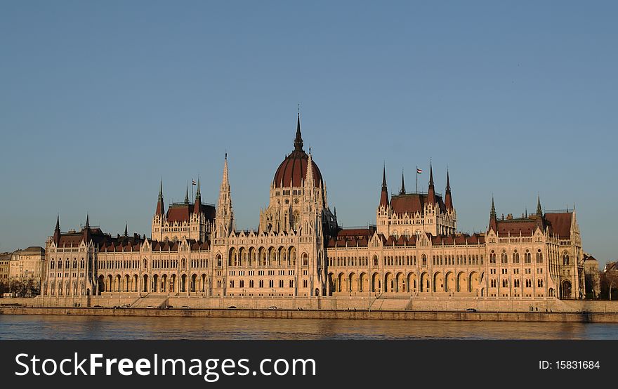 Hungarian government office (parlaiment) in sunset