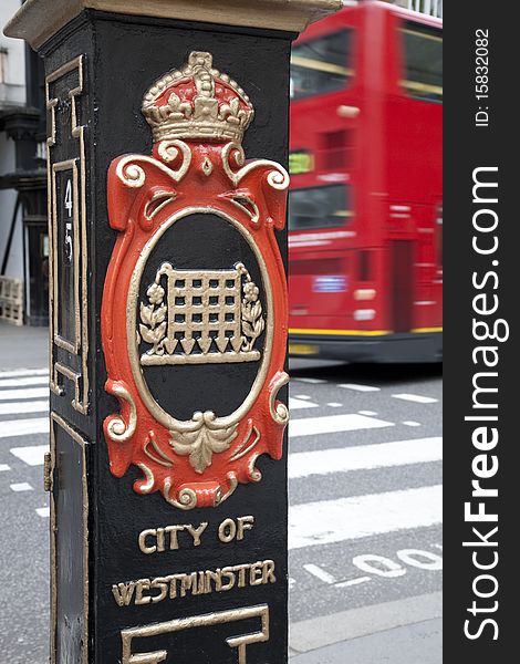 City of Westminster Sign with London Bus