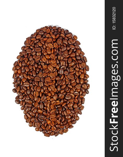 Big coffee bean made of many coffee beans isolated on white