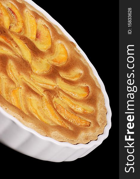 Peach Tart In A White Pottery Cake Tin