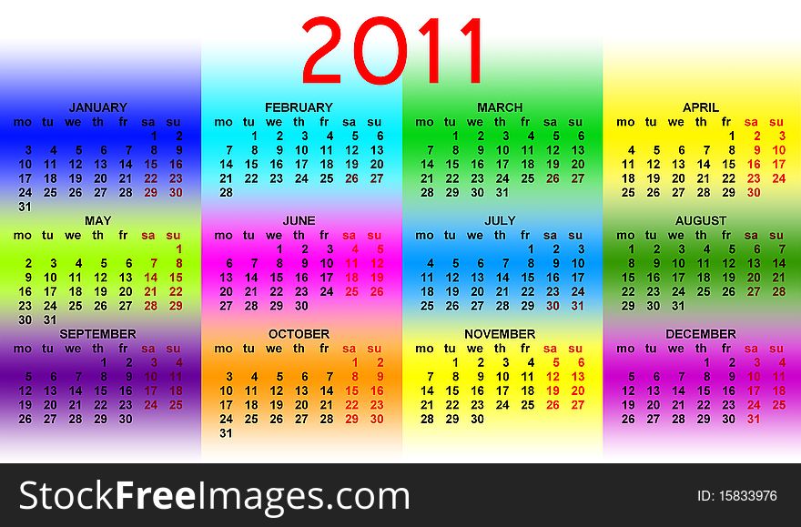 A calendar for 2011, on a colored background. A calendar for 2011, on a colored background