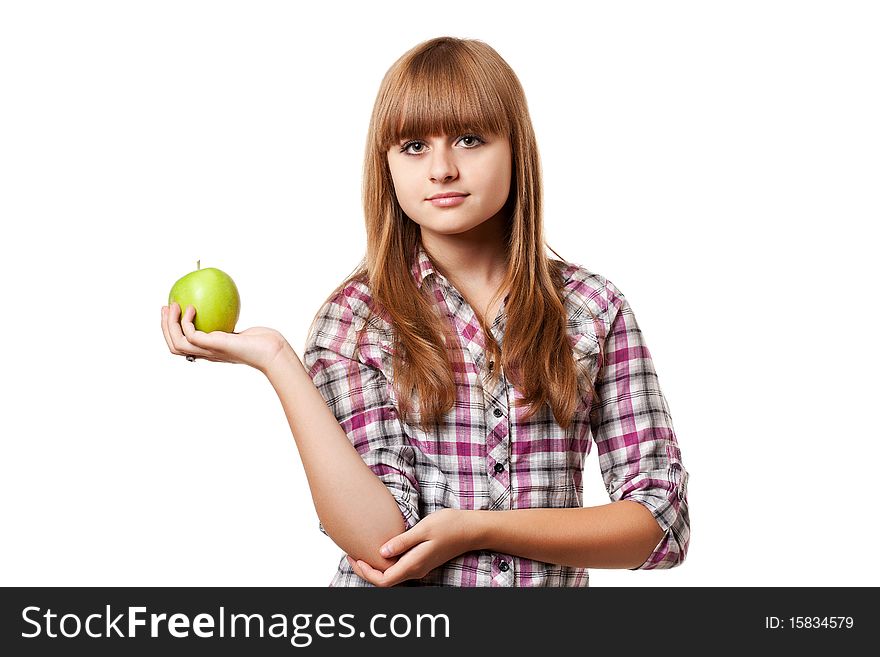 Girl with green apple on white background. Girl with green apple on white background
