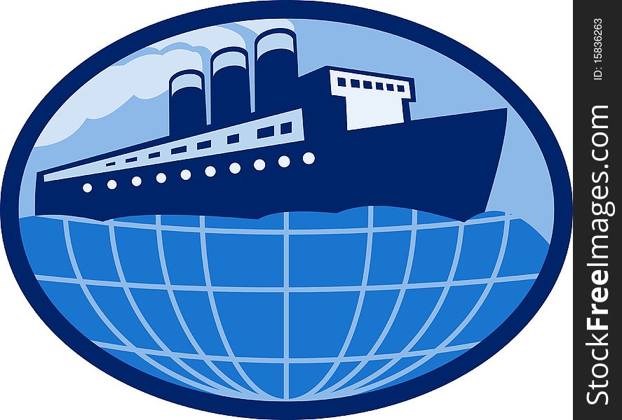 Illustration of an Ocean liner boat ship at sea with globe set inside an ellipse. Illustration of an Ocean liner boat ship at sea with globe set inside an ellipse