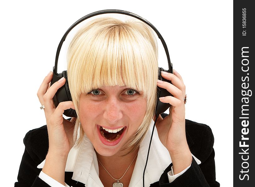 Crying agent woman of a call center with headset, isolated over white background. Crying agent woman of a call center with headset, isolated over white background