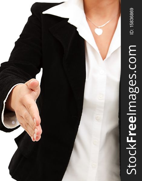Businesswoman in elegant suit ready to shake hands. Businesswoman in elegant suit ready to shake hands